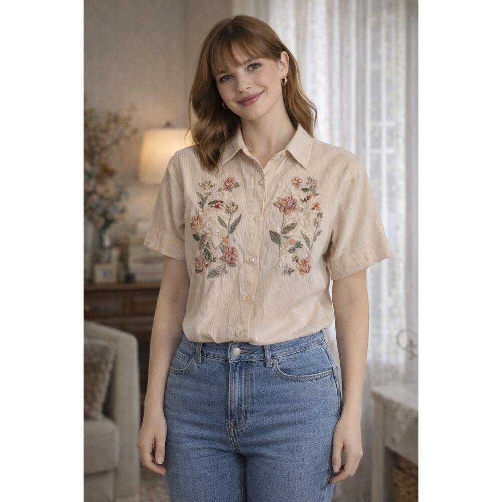Vintage 80s Casey Max Embroidered Floral Pearl Beaded Grannycore Shirt Small